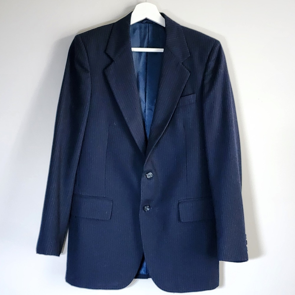 100% Wool Pinstripe Blazer Jacket Mens Small 36" Chest Navy Two Button Office